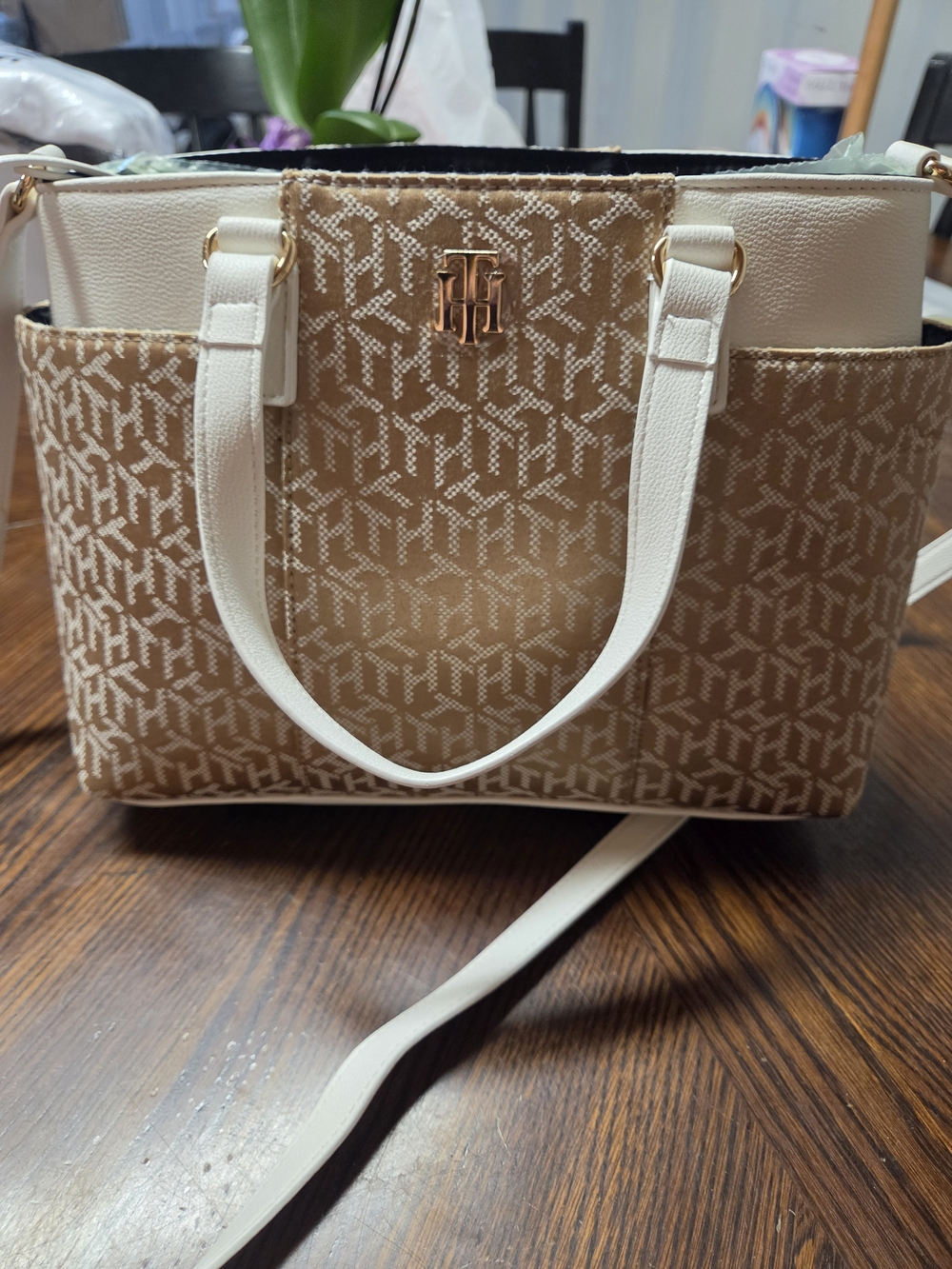 Tommy Hilfiger Beige and White Logo Tote with Gold Hardware